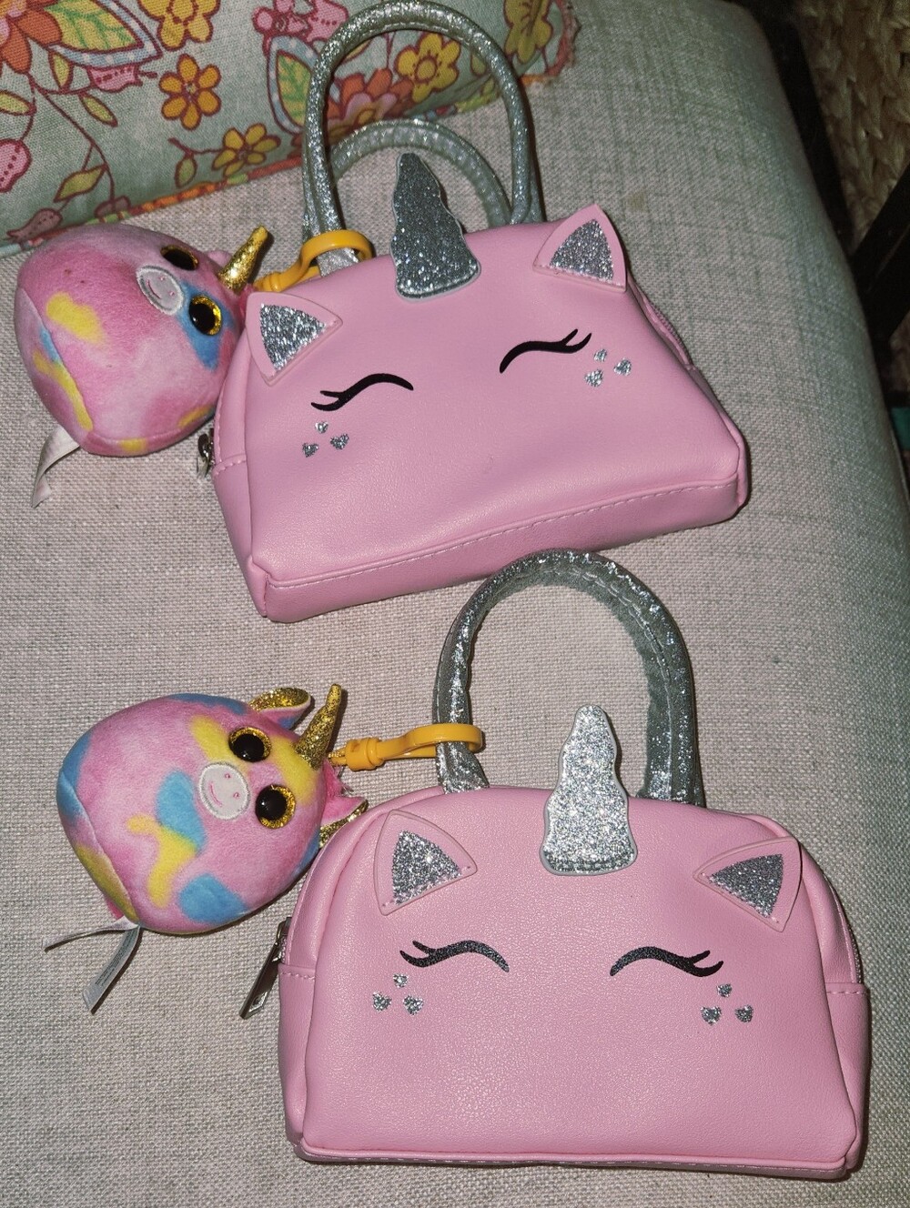 set of 2 Pink Unicorn bags with TY unicorns bag charms